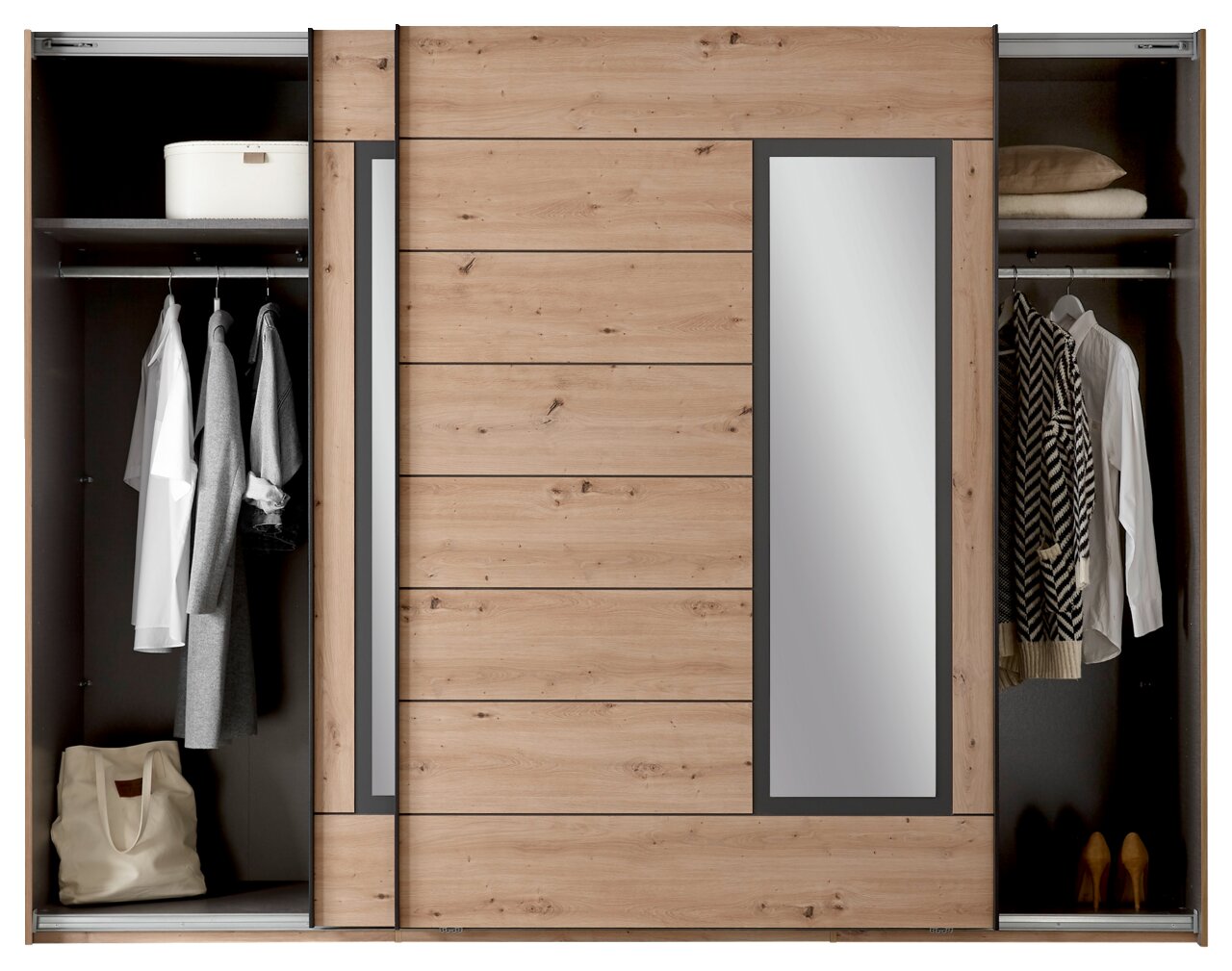 Schwebetürenschrank 2-türig in Holzoptik mit Spiegel, offene Türen zeigen Kleidung und Accessoires, frontale Ansicht