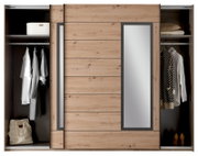 Schwebetürenschrank 2-türig in Holzoptik mit Spiegel, offene Türen zeigen Kleidung und Accessoires, frontale Ansicht