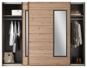 Schwebetürenschrank 2-türig in Holzoptik mit Spiegel, offene Türen zeigen Kleidung und Accessoires, frontale Ansicht