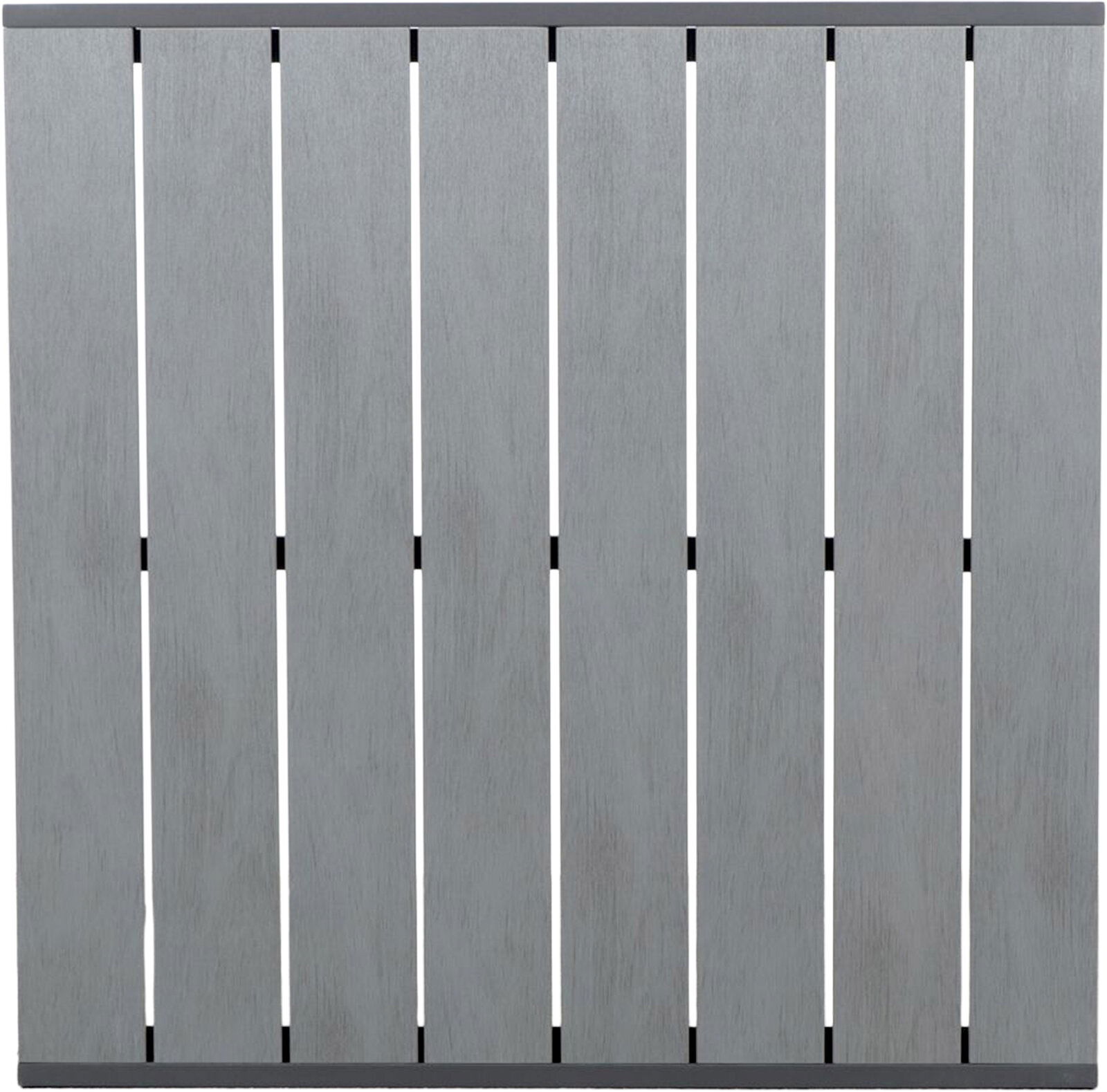 Draufsicht auf eine quadratische Tischplatte aus grauen Holzlatten, die Teil eines Gartentisches ist.