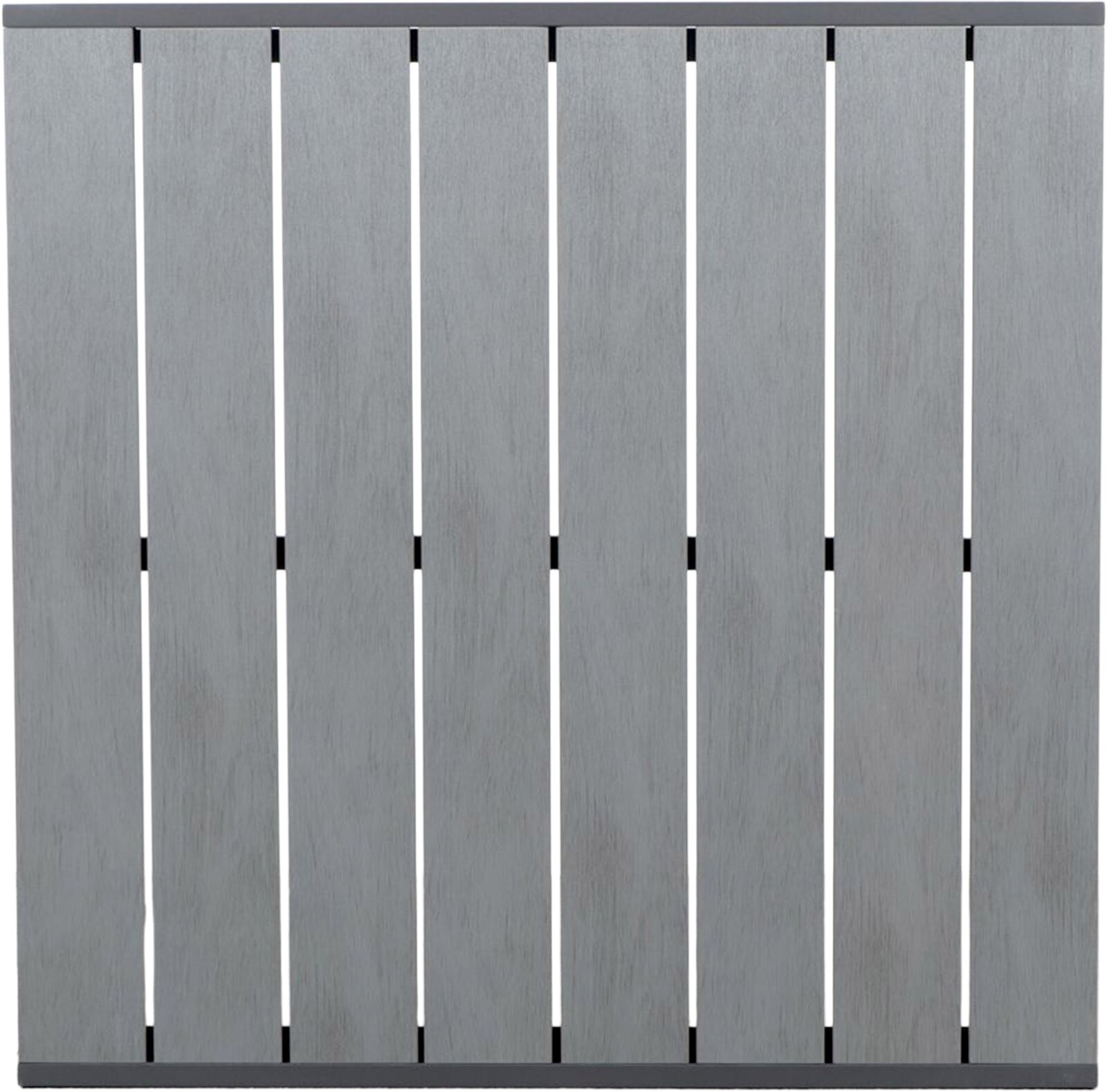 Draufsicht auf eine quadratische Tischplatte aus grauen Holzlatten, die Teil eines Gartentisches ist.