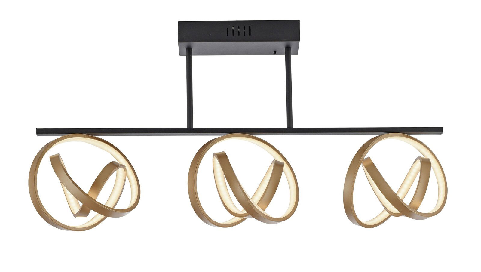 Moderne Deckenleuchte mit drei goldenen, ineinander verschlungenen LED-Ringen, seitliche Perspektive.