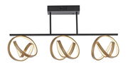 Moderne Deckenleuchte mit drei goldenen, ineinander verschlungenen LED-Ringen, seitliche Perspektive.