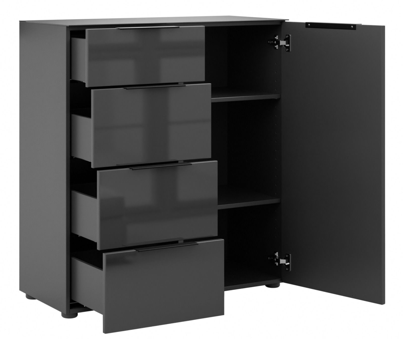 Schwarze Kommode mit vier offenen Schubladen und einer geöffneten Tür, die zwei Regalböden zeigt, Perspektive von vorne links