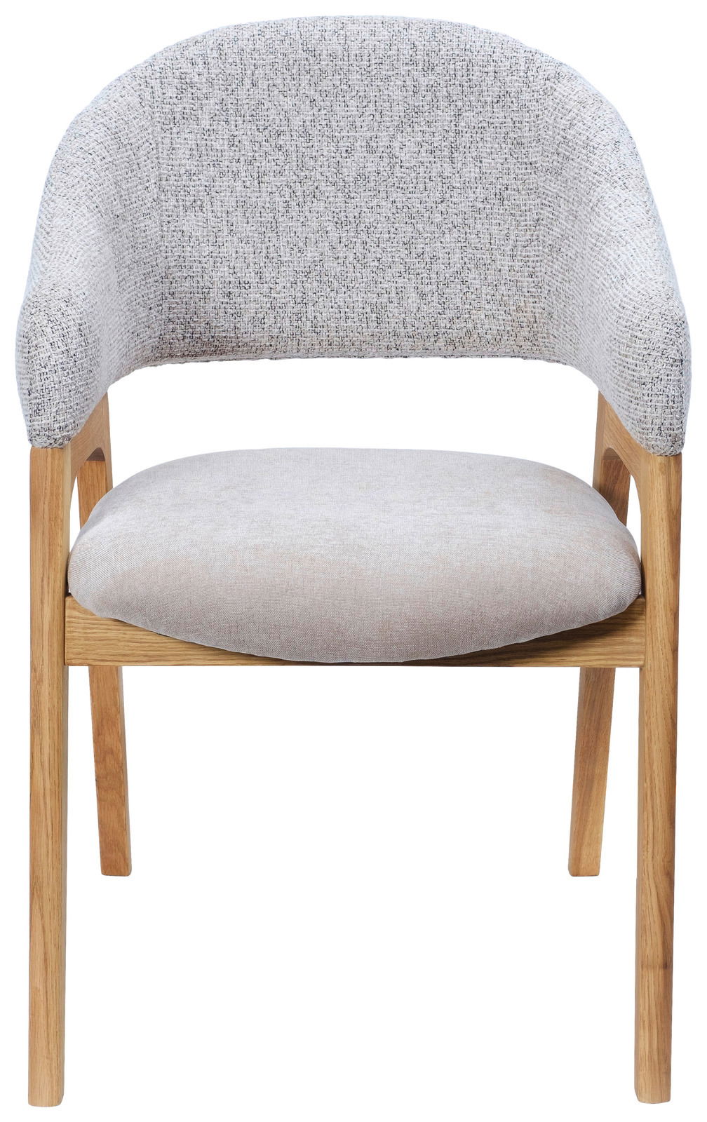 Moderner Armlehnstuhl mit hellem Stoffbezug und Holzbeinen, Frontalansicht