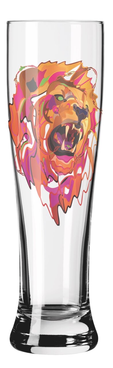 Weizenbierglas mit buntem Löwenmotiv, seitliche Perspektive