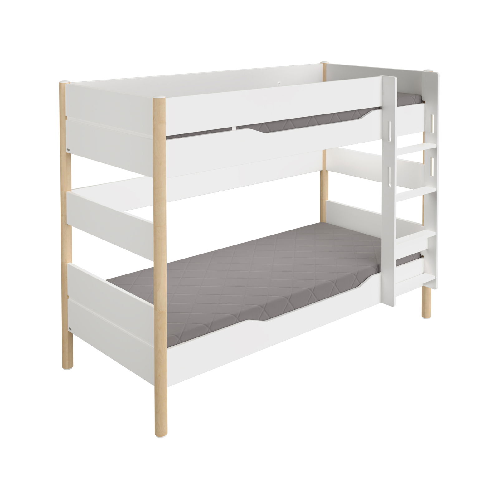 Weißes Etagenbett mit Holzpfosten und grauen Matratzen, seitliche Perspektive