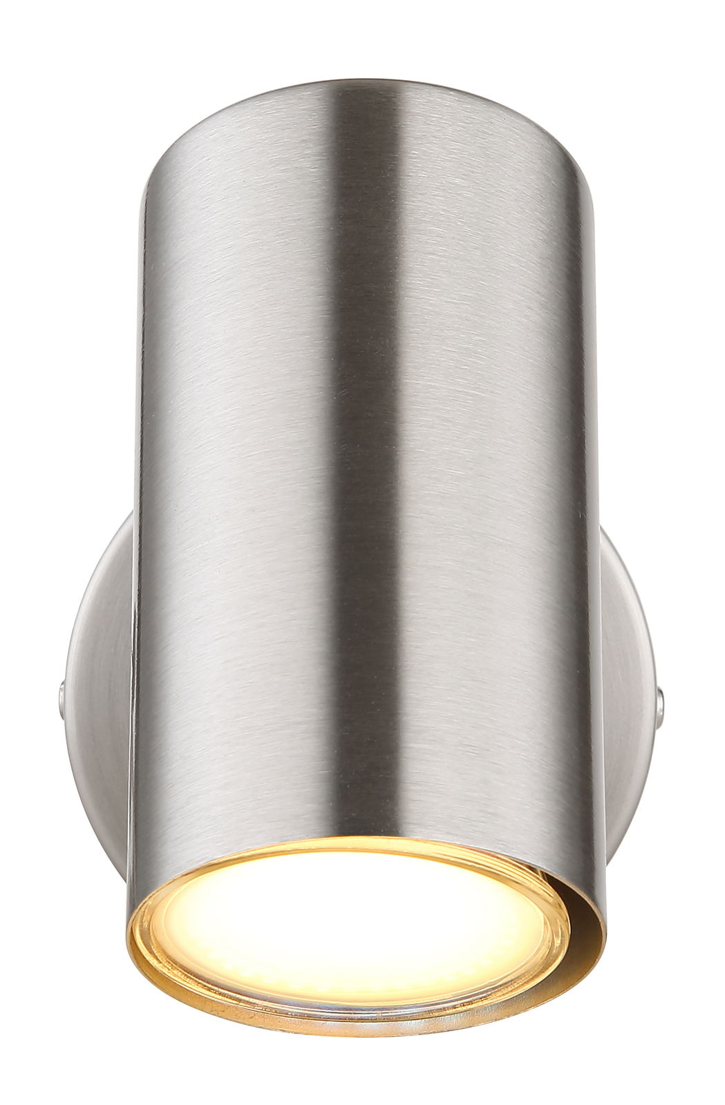 Zylindrischer Strahler aus gebürstetem Metall, Ansicht von vorne, mit warmem Lichtschein.