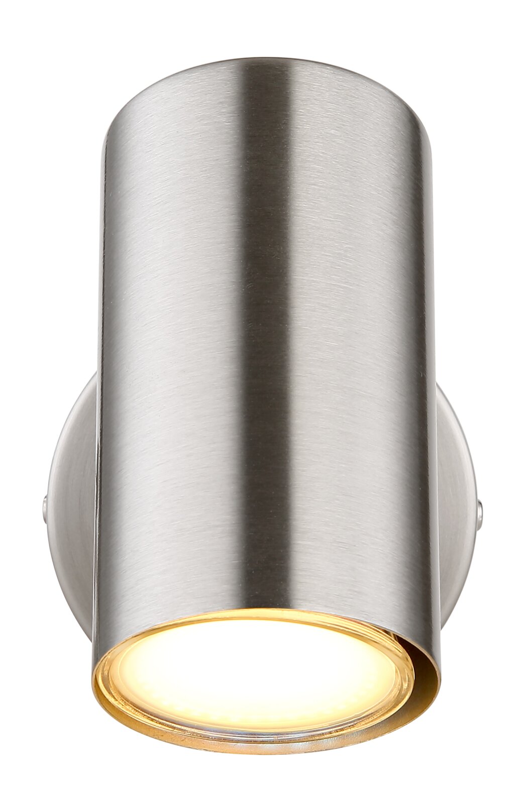 Cilindrische lamp van geborsteld metaal, gezien van voren, met een warme lichtuitstraling.