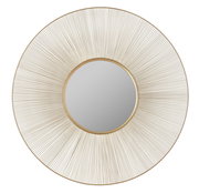 Runder Wandspiegel mit einem Durchmesser von 100 cm, umgeben von einem dekorativen, goldfarbenen Rahmen mit strahlenförmigem Design. Frontalansicht.