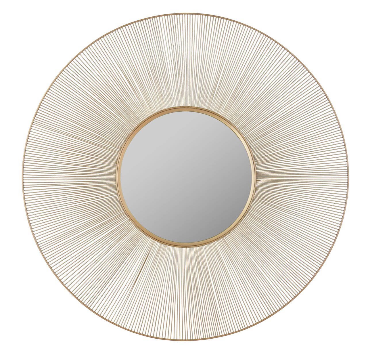 Runder Wandspiegel mit einem Durchmesser von 100 cm, umgeben von einem dekorativen, goldfarbenen Rahmen mit strahlenförmigem Design. Frontalansicht.