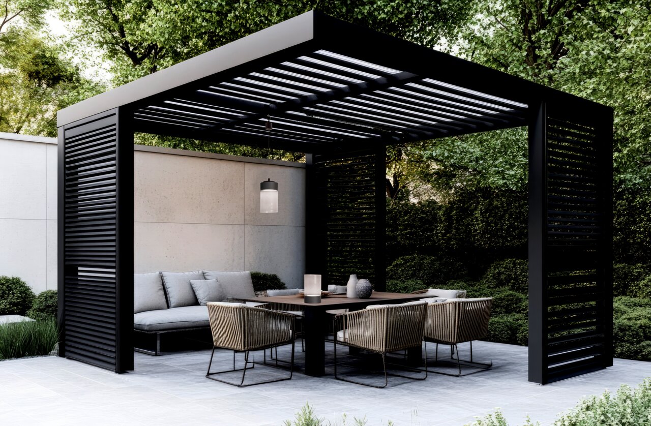 Fischer & Honsel Pendelhalterung zu Akku-Windlicht MIX & MATCH 2 Moderne Pergola mit stilvollen Gartenmöbeln und Hängelampe, seitliche Perspektive