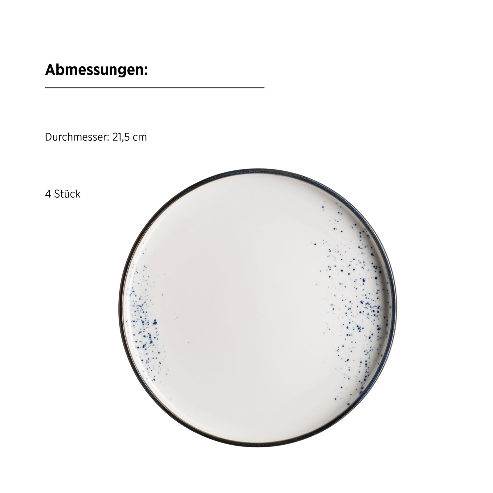 Runder weißer Keramikteller mit blau gesprenkeltem Rand, Durchmesser 21,5 cm (Set mit 4 Stück), Draufsicht von oben
