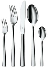 Set aus fünf Edelstahl-Besteckteilen, bestehend aus Gabel, Messer, Löffel, Kuchengabel und Teelöffel, frontal abgebildet.