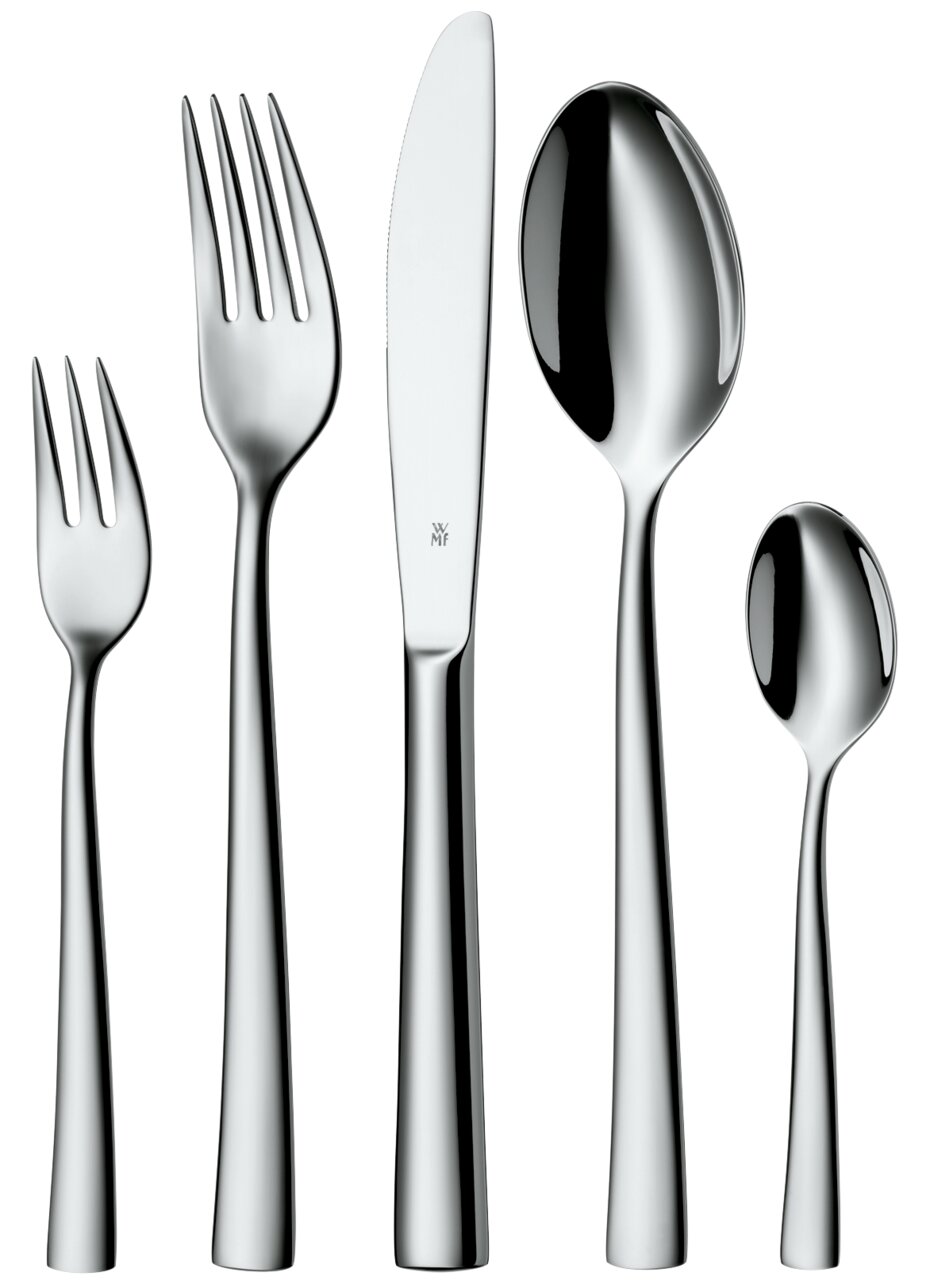 Set aus fünf Edelstahl-Besteckteilen, bestehend aus Gabel, Messer, Löffel, Kuchengabel und Teelöffel, frontal abgebildet.