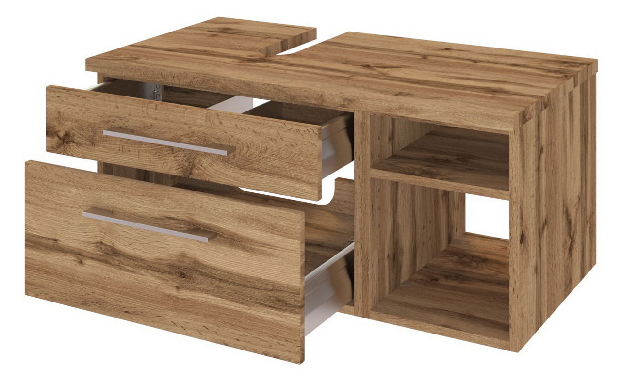 Waschtischunterschrank aus Holz mit zwei offenen Schubladen und zwei offenen Fächern, Perspektive von vorne links