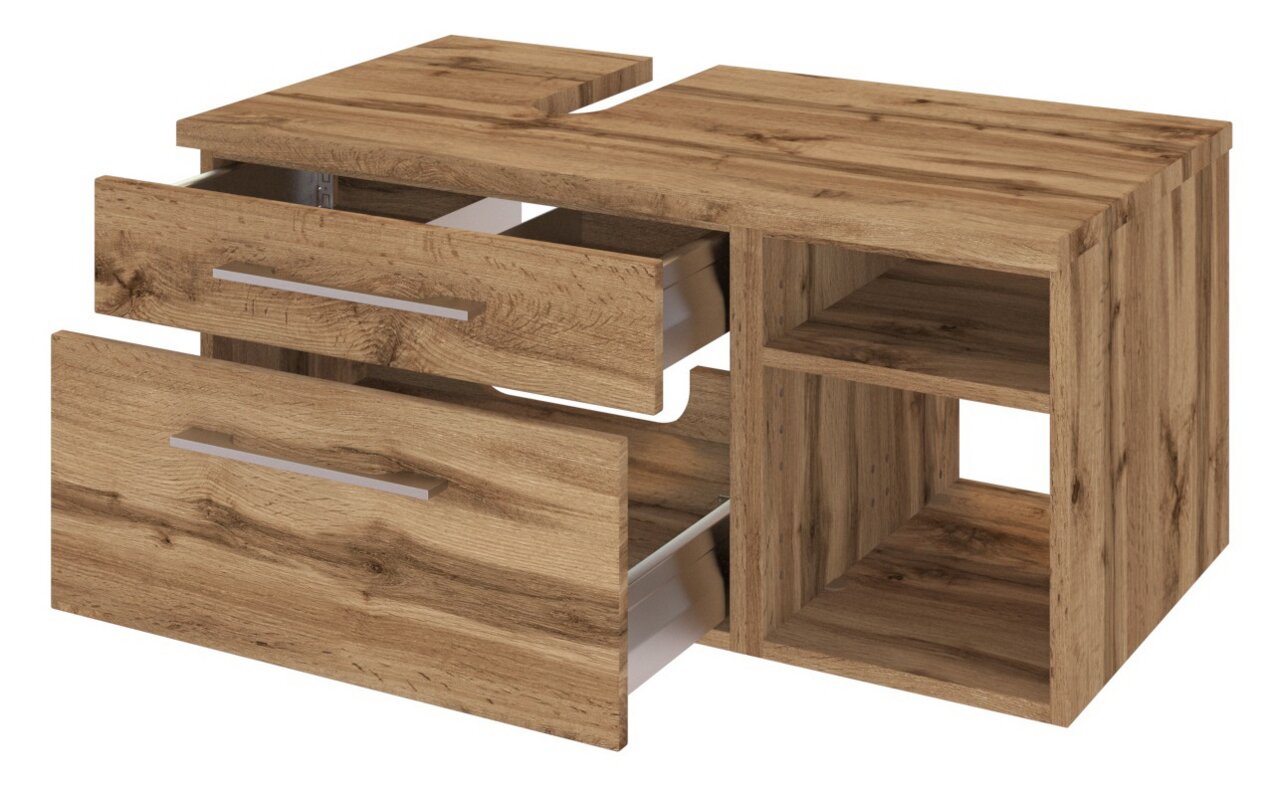 Waschtischunterschrank aus Holz mit zwei offenen Schubladen und zwei offenen Fächern, Perspektive von vorne links