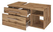 Waschtischunterschrank aus Holz mit zwei offenen Schubladen und zwei offenen Fächern, Perspektive von vorne links