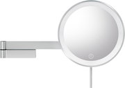 Runder LED-Wandspiegel mit Metallrahmen, ausklappbarem Schwenkarm und Touch-Schalter, frontal aus leichter Seitenperspektive