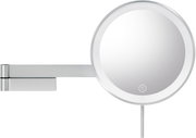 Runder LED-Wandspiegel mit Metallrahmen, ausklappbarem Schwenkarm und Touch-Schalter, frontal aus leichter Seitenperspektive