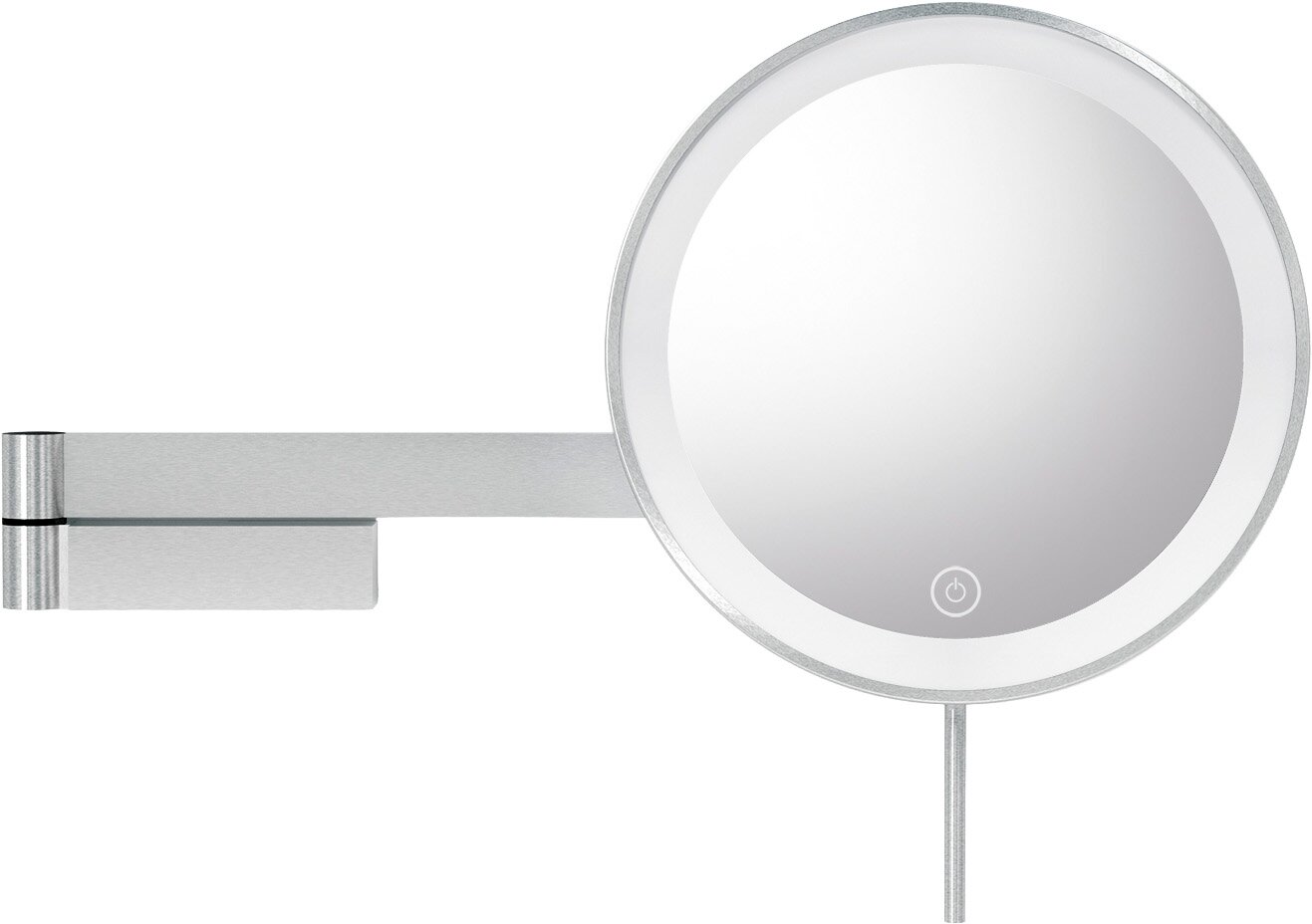 Runder LED-Wandspiegel mit Metallrahmen, ausklappbarem Schwenkarm und Touch-Schalter, frontal aus leichter Seitenperspektive