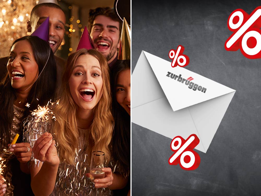 Eine festliche Szene mit Menschen, die mit Wunderkerzen feiern, daneben die Grafik eines Briefumschlags und Prozentzeichen.