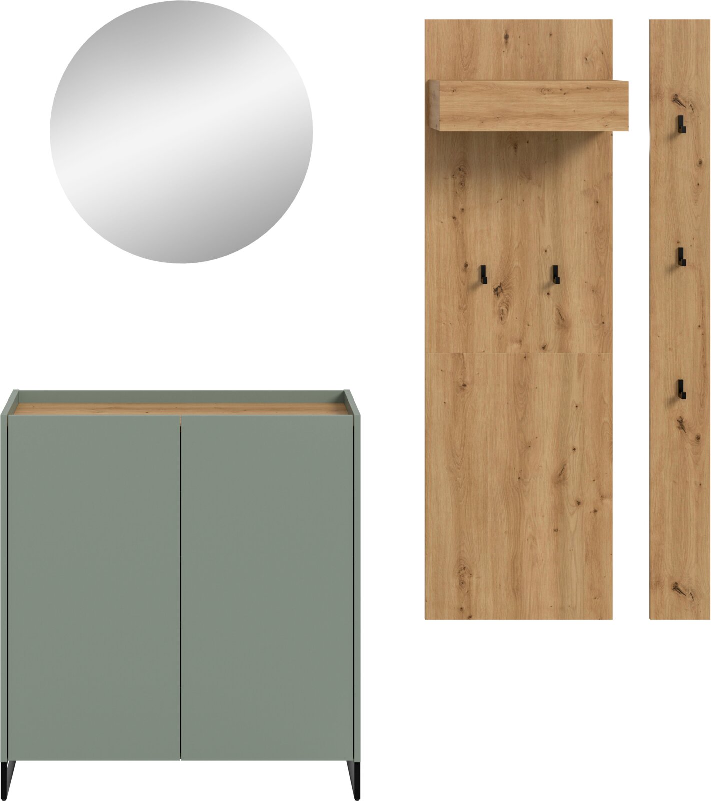 Modernes Garderoben-Set mit rundem Wandspiegel, Eichenholzpaneel mit schwarzen Haken und Ablage sowie grünem zweitürigem Schuhschrank mit Holzdeckplatte; frontale Ansicht.