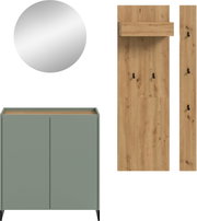 Modernes Garderoben-Set mit rundem Wandspiegel, Eichenholzpaneel mit schwarzen Haken und Ablage sowie grünem zweitürigem Schuhschrank mit Holzdeckplatte; frontale Ansicht.
