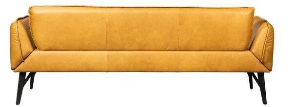 Rückansicht eines modernen gelben Sofas mit schwarzen Beinen
