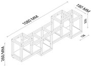 Isometrische technische Zeichnung eines modularen Metallrahmen-Gestells mit mehreren quadratischen Rahmenebenen, Gesamtmaß ca. 1080 mm Länge, 260 mm Höhe und 180 mm Tiefe (Perspektive: schräg von oben).
