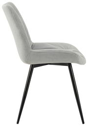 Seitenansicht eines modernen grauen Stuhls mit schwarzem Metallgestell.