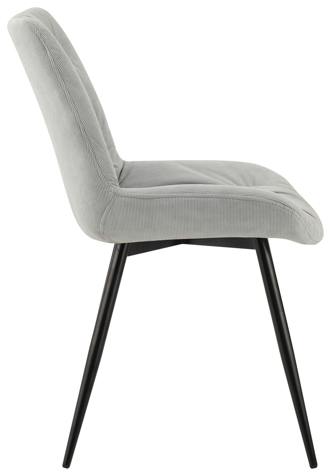 Seitenansicht eines modernen grauen Stuhls mit schwarzem Metallgestell.