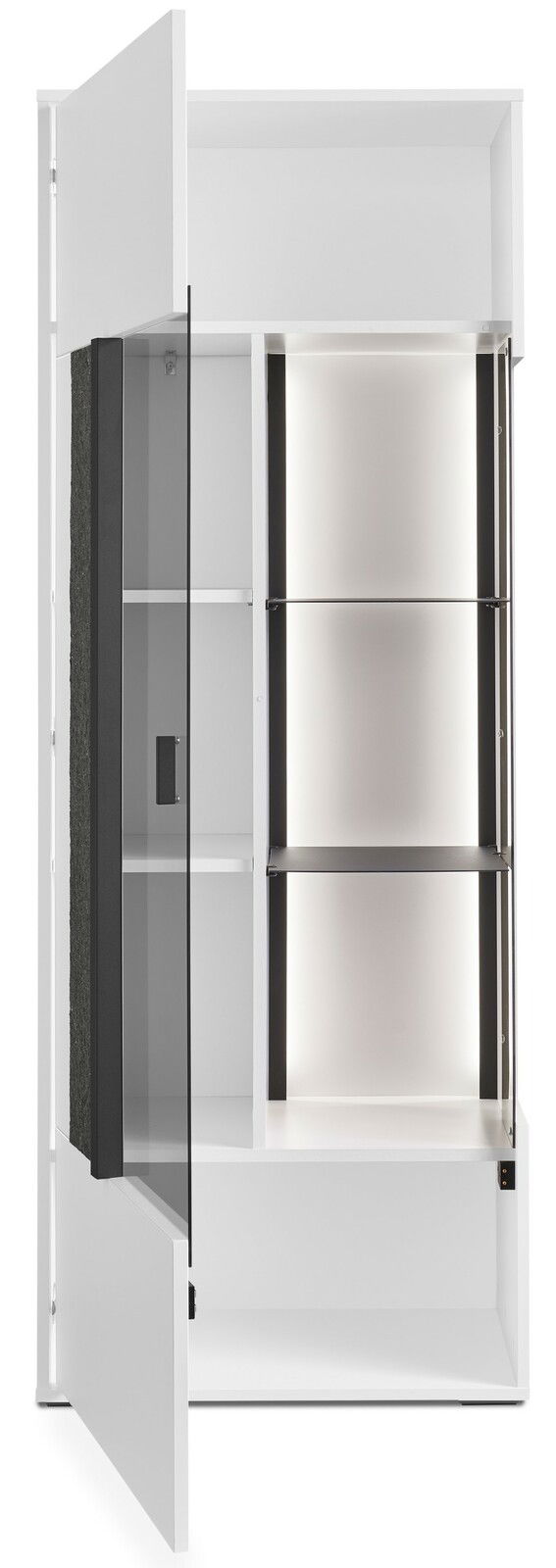 Weißes Highboard mit Glastür und Innenbeleuchtung, offene Perspektive