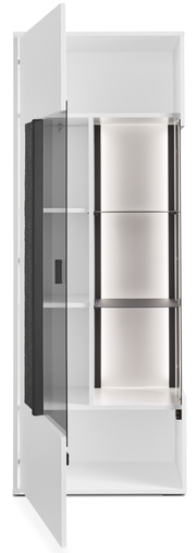 Weißes Highboard mit Glastür und Innenbeleuchtung, offene Perspektive