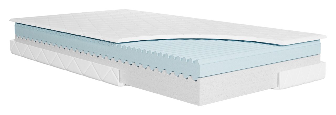 Querschnitt einer Jugendmatratze mit mehreren Schichten, darunter eine blaue Komfortschicht und eine weiße Basisschicht, seitliche Perspektive