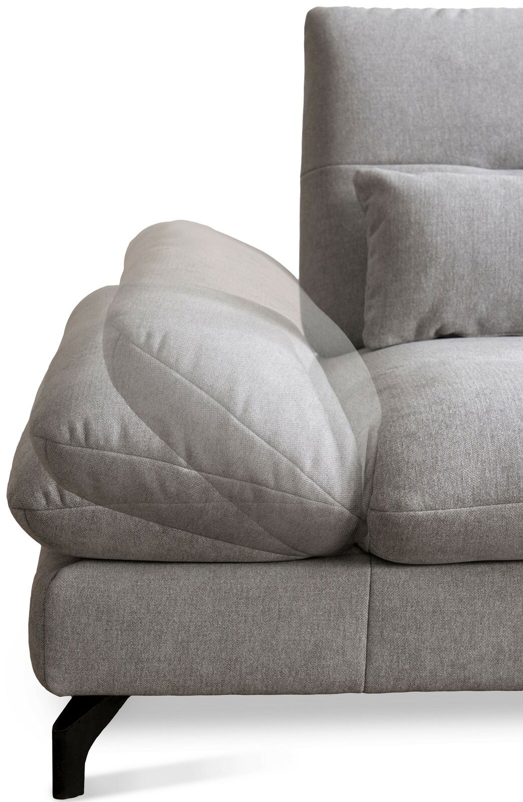 Graue Rundecke mit verstellbarer Armlehne und Kissen, seitliche Perspektive