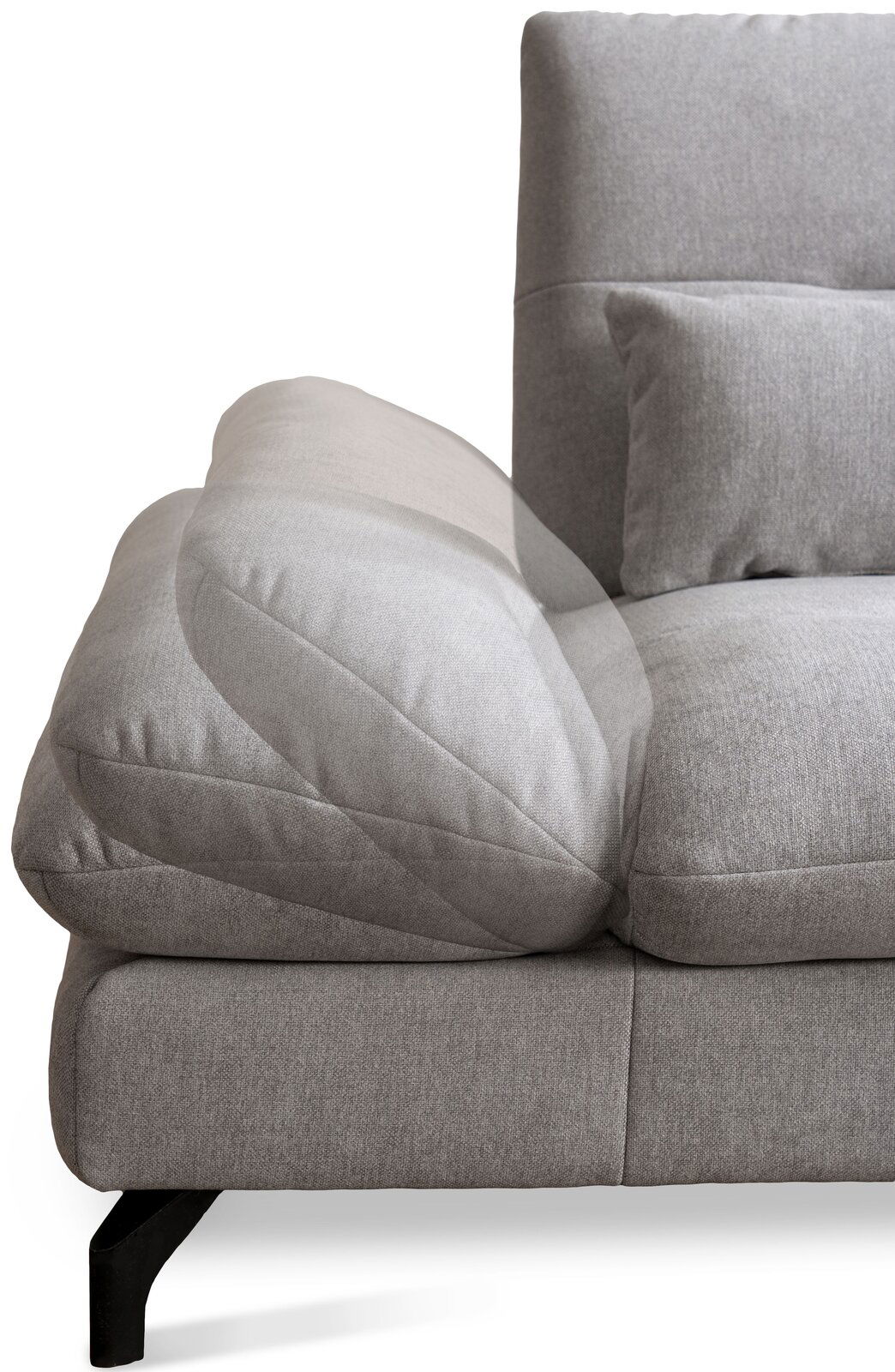 Graue Rundecke mit verstellbarer Armlehne und Kissen, seitliche Perspektive