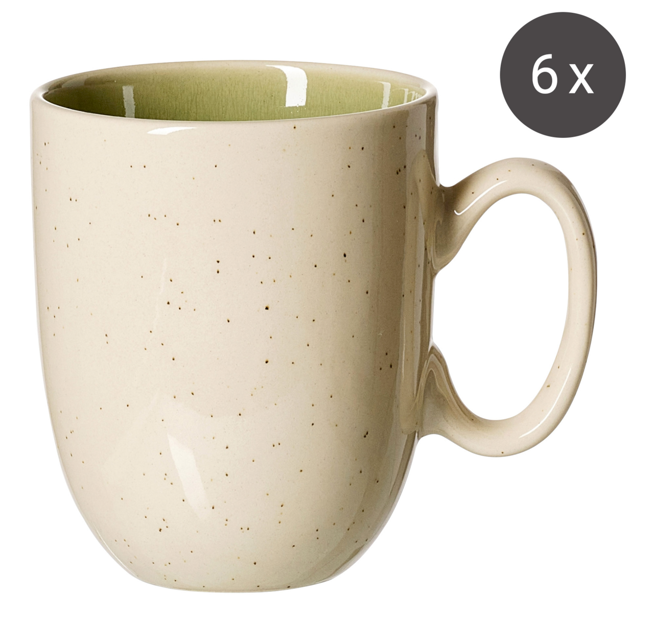 Becherset 6erSet in hellgrün, seitliche Ansicht einer Tasse mit gesprenkeltem Design und Henkel