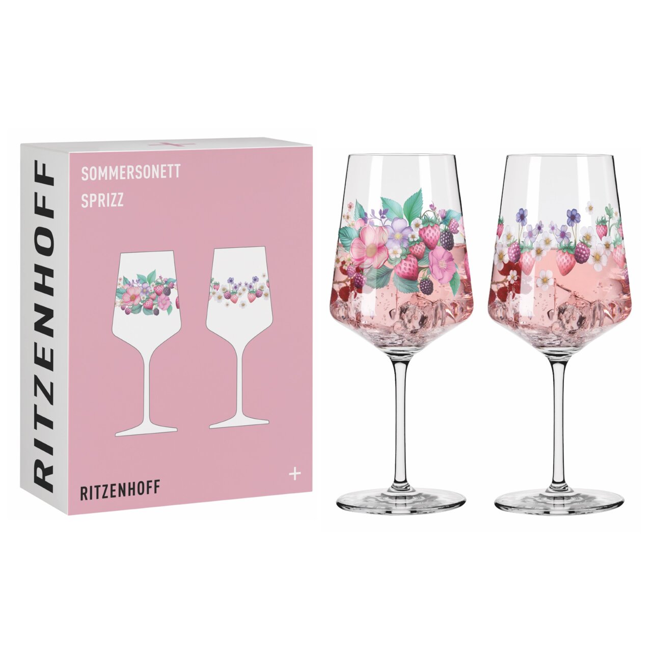 Zwei elegante Sprizzgläser mit floralen Motiven, gefüllt mit einem rosafarbenen Getränk, vor einer Verpackung mit ähnlichem Design. Frontalansicht.
