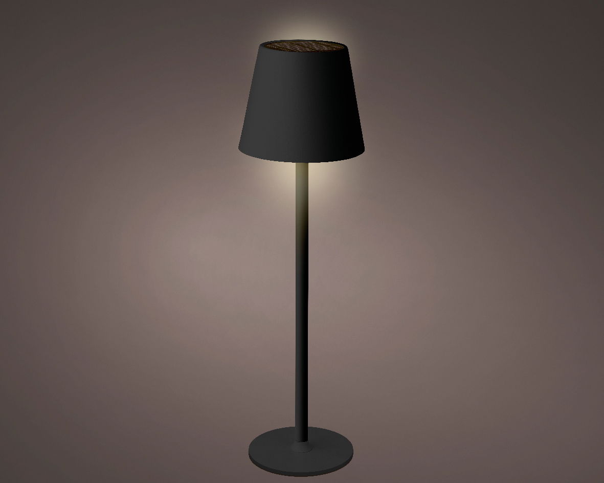 Schwarze Solar Tischleuchte mit zylindrischem Lampenschirm, seitliche Perspektive