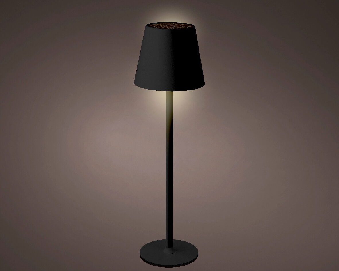 Schwarze Solar Tischleuchte mit zylindrischem Lampenschirm, seitliche Perspektive