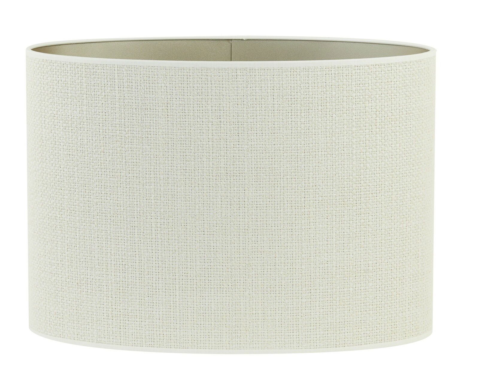 Ovaler, gerader Lampenschirm in cremefarbener Textiloptik, frontal fotografiert.