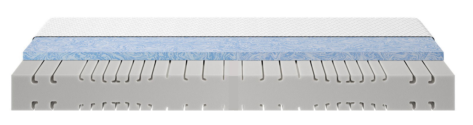 Querschnitt einer Kaltschaummatratze mit mehreren Schichten, darunter eine blaue Schicht und eine weiße Schicht mit Einschnitten, seitliche Perspektive.