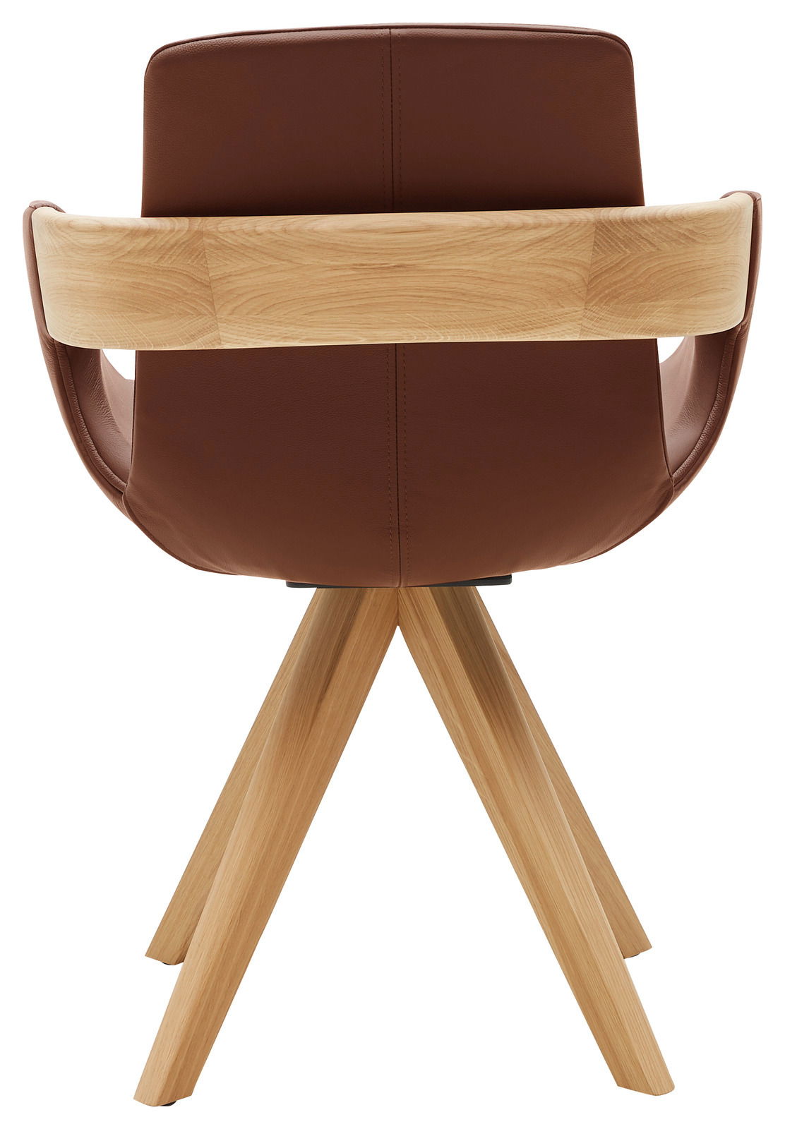 Rückansicht eines Sessels mit braunem Lederbezug und Holzdetails, auf einem vierbeinigen Holzgestell.
