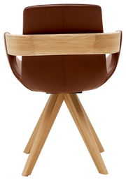 Rückansicht eines Sessels mit braunem Lederbezug und Holzdetails, auf einem vierbeinigen Holzgestell.