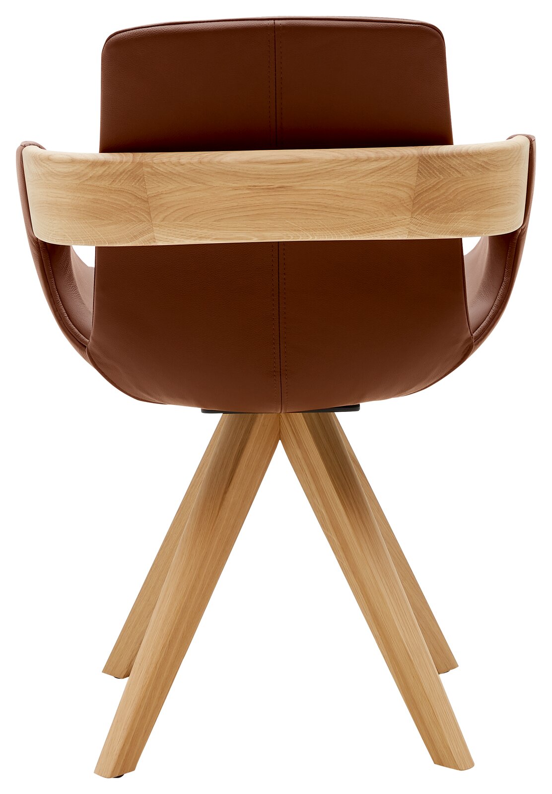 Rückansicht eines Sessels mit braunem Lederbezug und Holzdetails, auf einem vierbeinigen Holzgestell.