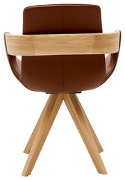 Rückansicht eines Sessels mit braunem Lederbezug und Holzdetails, auf einem vierbeinigen Holzgestell.