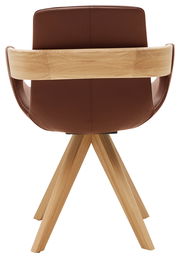 Rückansicht eines Sessels mit braunem Lederbezug und Holzdetails, auf einem vierbeinigen Holzgestell.