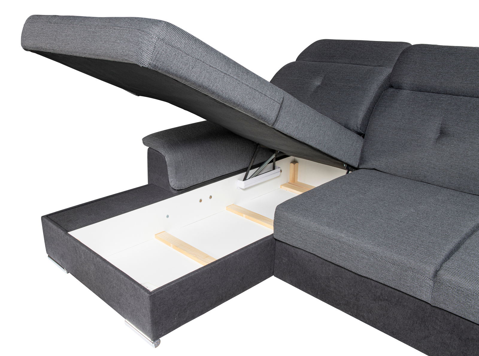 Graue Rundecke mit geöffneter Stauraumfunktion, seitliche Perspektive