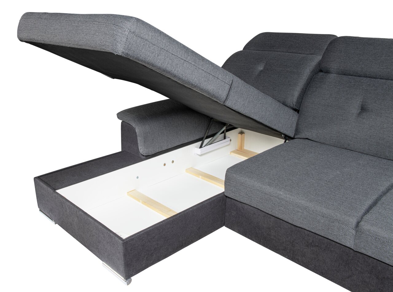 Graue Rundecke mit geöffneter Stauraumfunktion, seitliche Perspektive